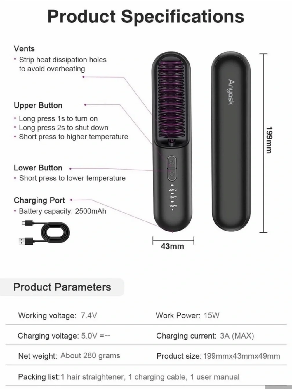 Anyask Anion Hair Straightener - Black